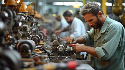 Poster - A workers repairing machinery with tools and parts in workshop plant. Generative AI.