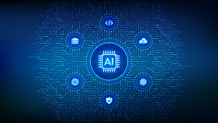 Wall Mural - AI. Artificial intelligence. Machine learning technology. Big data analysis. Deep learning. Neural networks. Background with circuit board connections and tech icons. Vector Illustration.