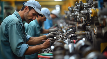 Poster - A workers repairing machinery with tools and parts in workshop plant. Generative AI.