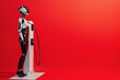 Full-length view of a humanoid robot standing beside an EV charging station against a red backdrop