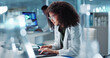 © Coetzee/peopleimages.com - Woman. laptop and lab for research science or online internet for futuristic discovery, microscope or medicine. Female person, brainstorming and biotechnology for investigation, cure or development