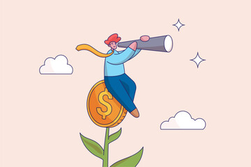 Wall Mural - Growing wealth concept. Investment or saving growth, financial and banking forecast, earning profit or grow income or mutual fund return, man look through telescope on plant with money coin flower.