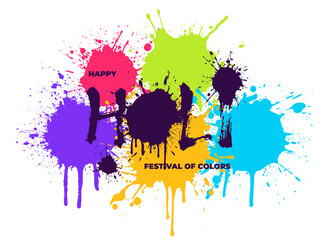 Wall Mural - Happy Holi festival of colors banner. Brush ink calligraphy on colorful powder splashes. Indian celebration greeting card. India traditional holiday logo. Hindu national color festive flyer eps design
