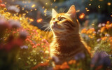 Fototapeta Koty - Furry Blossom Watcher: Cat in Flower Heaven - made with Generative AI
