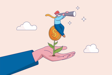 Wall Mural - Growing wealth concept. Investment or saving growth, financial and banking forecast, earning profit or grow income or mutual fund return, man look through telescope on plant with money coin flower.