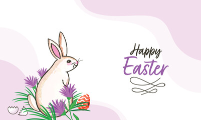 Poster - Happy Easter Banner Design with Cute Cartoon Rabbit Sitting on Floral with Eggs Illustration.