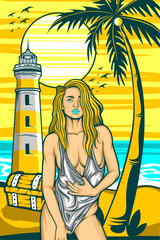Wall Mural - sexy charming girl illustration with awesome beach background