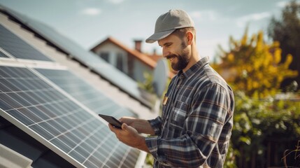 Technician checks the energy production of his photovoltaic system on a tablet, the roof of the house with the solar panels in the background. Generative AI.