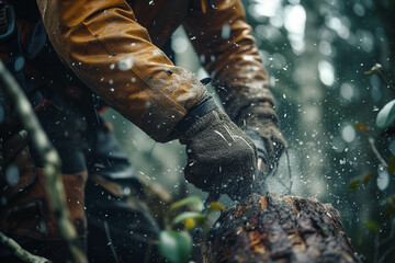 Wall Mural - A carpenter is actively working on cutting down trees.