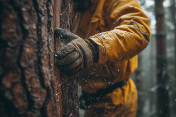 Wall Mural - A carpenter is actively working on cutting down trees.