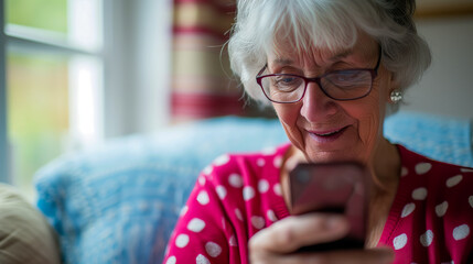 Wall Mural - Older mature senior woman using a mobile cell phone technology to text family