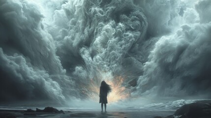 Sticker - A woman standing in front of a large cloud with lightning, AI