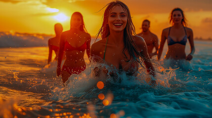 Wall Mural - Group of teenage young people having fun in the sea at sunset on spring break