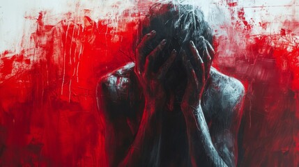 Wall Mural - A painting of a person with their hands covering there face, AI