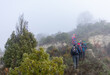 hikers climbing a mountain in the mist