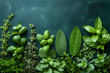 Background with green aromatic herbs. Copy space. Banner.