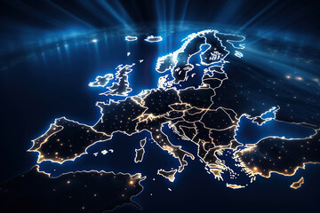 Map of Europe as seen from earth's orbit. View from space of the lights of big cities in Europe. Generated by artificial intelligence