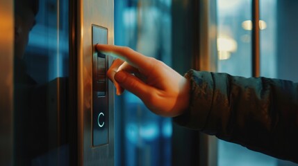 Poster - A person is seen pressing a button on a metal door. This image can be used to depict access control, security systems, or entering a restricted area
