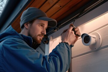 Poster - A man is seen fixing a security camera on the side of a building. This image can be used to illustrate concepts such as surveillance, security systems, or technology installation