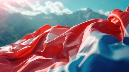 Poster - A patriotic flag with the colors red, white, and blue flying high in the sky. Suitable for various applications