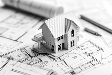 Poster - House model placed on blueprints, suitable for architecture and construction projects