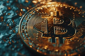 Aufkleber - A golden bitcoin sits atop a vibrant blue cloth. Perfect for illustrating cryptocurrency concepts or financial technology articles