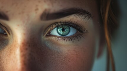 Poster - Close up of a woman's eyes with freckles. Can be used to portray natural beauty or for makeup and skincare advertisements