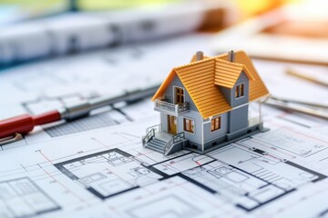 Poster - Model house sitting on top of a blueprint. Suitable for architectural design, construction concepts, and real estate projects