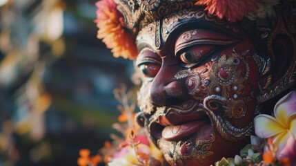 Poster - A close-up view of a statue adorned with beautiful flowers. Perfect for adding an elegant touch to any design or decor