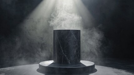 Poster - A black marble pedestal stands in a dimly lit room. This image can be used to depict elegance, mystery, or showcase a display