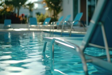 Poster - A serene image of a pool surrounded by blue chairs and a white building in the background. Perfect for travel brochures or hotel advertisements