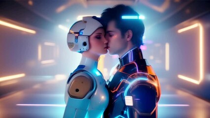 Sticker - human and robot romantic couple