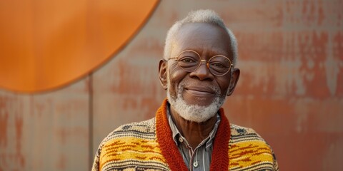 Poster - An older man wearing glasses and a vibrant, colorful sweater. Suitable for various uses
