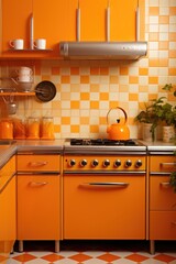 Poster - A picture of a kitchen with orange cabinets and a stove. This image can be used to showcase modern kitchen designs or for illustrating home improvement projects
