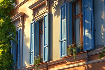 Poster - A picture of a building with blue shutters and a clock on it. This image can be used to depict a quaint town or as a symbol of time management