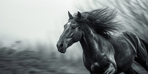Aufkleber - A dynamic black and white photograph capturing the graceful movement of a running horse. Perfect for adding a touch of elegance and power to any project