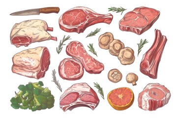 Poster - A collection of different types of meats and vegetables displayed on a clean white background. Perfect for food-related designs and culinary projects
