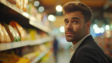 Poster - A man standing in front of a shelf in a store. Perfect for showcasing products or shopping concepts
