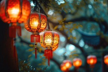 Canvas Print - A beautiful display of red lanterns hanging from a tree. Perfect for adding a festive touch to any event or celebration