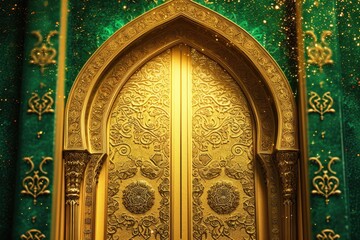 Aufkleber - A golden door stands out in a room adorned with green and gold accents. This image can be used to represent luxury, elegance, or new opportunities