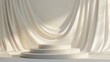A white platform with a white curtain as a backdrop. Ideal for showcasing products or creating a minimalist setting
