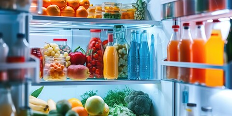Poster - A refrigerator filled with a wide variety of food and drinks. Perfect for showcasing a well-stocked kitchen.