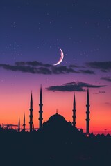 Poster - A stunning view of a mosque with a crescent in the sky. Perfect for religious and cultural themes