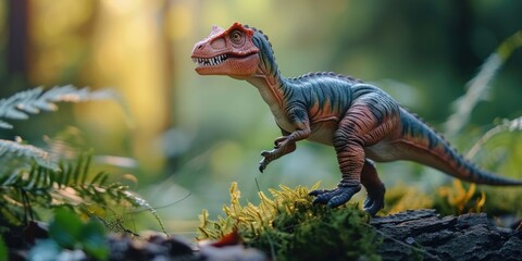 Aufkleber - Toy T-Rex standing on a rock in the woods. Great for educational and nature-themed designs