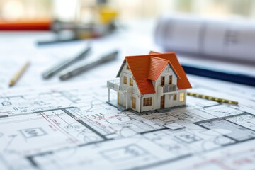 Poster - A model of a house sitting on top of a blueprint. Perfect for architectural designs and construction projects