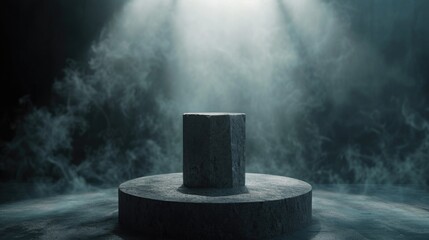 Poster - A pedestal stands in the middle of a foggy room. This image can be used to portray mystery or showcase a centerpiece