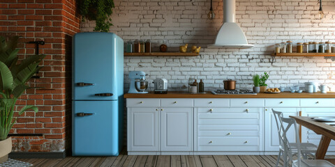 Aufkleber - A kitchen with a blue refrigerator next to a brick wall. Suitable for home decor or kitchen remodeling projects