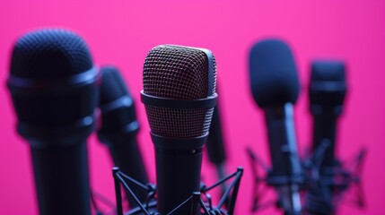 Poster - A collection of microphones neatly arranged on a table. Suitable for various audio recording and broadcasting purposes