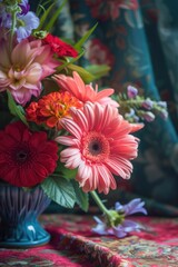 Poster - Colorful flowers arranged in a blue vase. Perfect for adding a pop of color to any space
