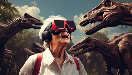 Wall Mural - With VR glasses on, someone experiences the thrill of encountering real dinosaurs in a virtual environment.